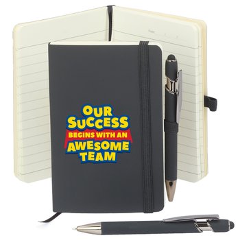 Our Success Begins With An Awesome Team Mini Pocket Journal With Mini Stylus Metal Pen from Positive Promotions