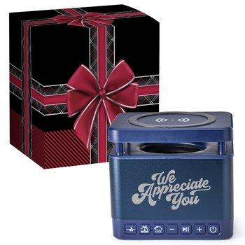 We Appreciate You Soundcharge 3-in-1 Navy Sound Machine, Bluetooth® Speaker, & Wireless Charging Pad in Holiday Gift Box from Positive Promotions