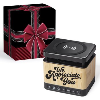 We Appreciate You Soundcharge 3-in-1 Bamboo Sound Machine, Bluetooth® Speaker, & Wireless Charging Pad in Holiday Gift Box from Positive Promotions