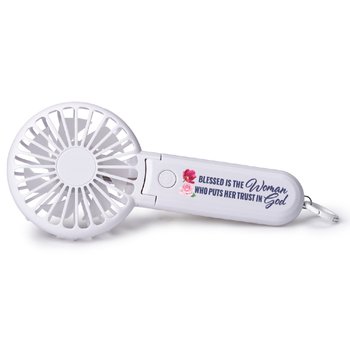 Blessed Is the Woman Who Puts Her Trust in God 2-in-1 3-Speed Rechargeable Hand & Desk Fan With Carabiner from Positive Promotions