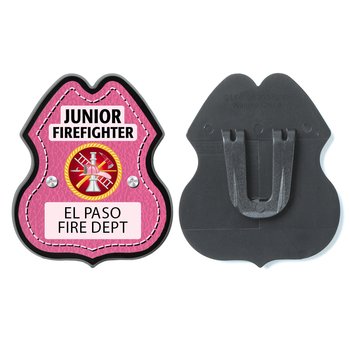 Pink Firefighter Tools Clip-On Junior Firefighter Badge - Personalization Available from Positive Promotions