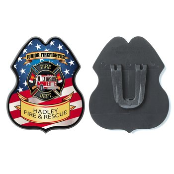 Patriotic Firetruck Clip-On Fire Badge - Personalization Available from Positive Promotions