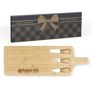Bamboo Charcuterie Board With Utensil Trio - Laser-Engraved Personalization Available from Positive Promotions