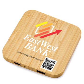 Daily Dose of Positivity QR Code Bamboo 10W Wireless Charging Pad With Dual Ports - Personalization Available from Positive Promotions