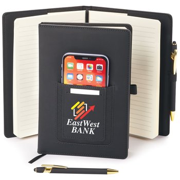 Black Eastland Refillable Journal with Phone Pocket & Stylus Pen - Personalization Available from Positive Promotions