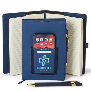 Navy Eastland Refillable Journal with Phone Pocket & Stylus Pen - Personalization Available from Positive Promotions