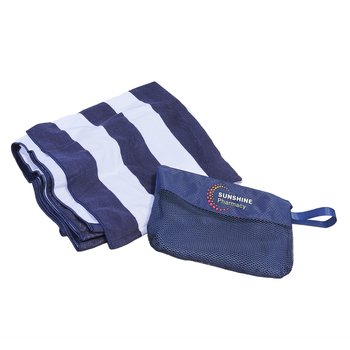 Navy/White Striped Beach Towel in Mesh Carry Bag - Embroidered Bag Personalization Available from Positive Promotions