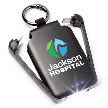 Black 3-in-1 2,000-mAh Mini Power Bank With LED Light & Keychain Ring - Personalization Available from Positive Promotions