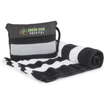 Black Terry Velour Striped Beach Towel in Mesh Carry Bag - Personalization Available from Positive Promotions