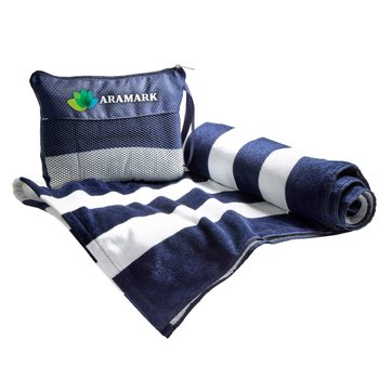 Navy Terry Velour Striped Beach Towel in Mesh Carry Bag - Personalization Available from Positive Promotions