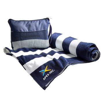 Terry Velour Striped Beach Towel in Mesh Carry Bag - Embroidered Personalization Available from Positive Promotions
