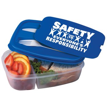 Workplace Safety Blue 2-Section Food Container With Utensils - Personalization Available from Positive Promotions
