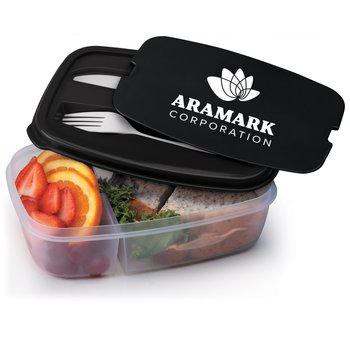 Workplace Safety Black 2-Section Food Container With Utensils - Personalization Available from Positive Promotions