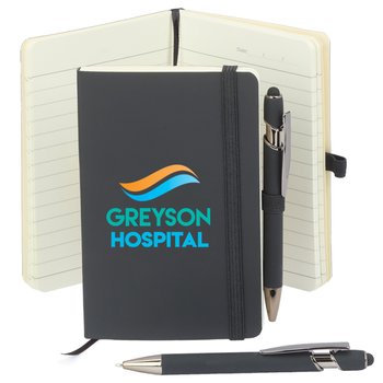 Black Mini Pocket Journal With Mini Metal Stylus Pen - Personalization Available from Positive Promotions