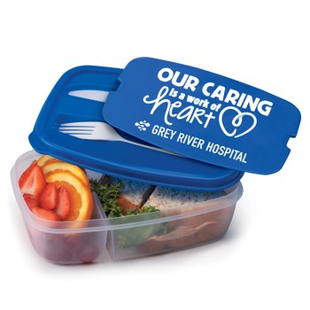 Our Caring Is a Work of Heart 2-Section Food Container With Utensils from Positive Promotions