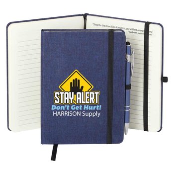 Workplace Safety Navy Heathered Journal With Motivational Quotes & Stylus Pen - Personalized from Positive Promotions