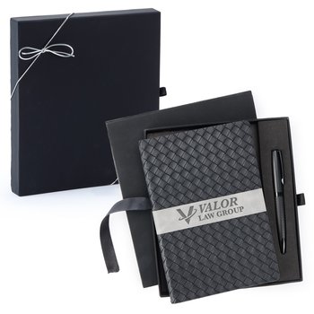 Leatherette Journal & Pen Gift Set In Holiday Gift Box - Laser-Engraved Personalization Available from Positive Promotions