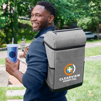 Heathered Gray Adventure rPET 20-Can Backpack Cooler With Trolley Strap - Personalization Available from Positive Promotions