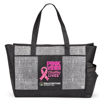Pink Vibes, Healthy Lives Malibu Non-Woven Insulated Cooler Tote With 30-/40-oz. Tumbler Pocket - Personalization Available from Positive Promotions
