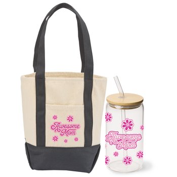 Awesome Mom Cotton Canvas Market Tote & Cooper Glass Can/Tumbler With Straw Gift Set from Positive Promotions