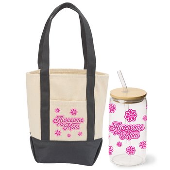 Awesome Mom Cotton Canvas Market Tote & Cooper Glass Can/Tumbler With Straw Gift Set from Positive Promotions