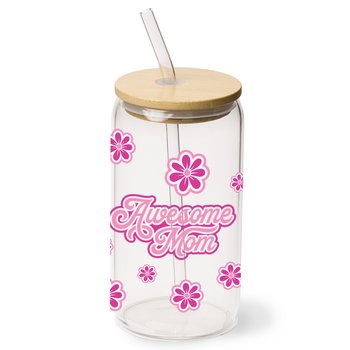 Awesome Mom Cooper Glass Can/Tumbler 16 oz. With Straw & Bamboo Lid from Positive Promotions