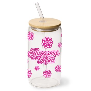 Awesome Mom Cooper Glass Can/Tumbler 16 oz. With Straw & Bamboo Lid from Positive Promotions