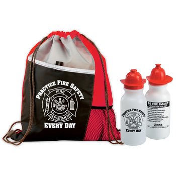 Practice Fire Safety Every Day Deluxe Drawstring Backpack With Water Bottle Combo from Positive Promotions