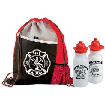 Maltese Cross Deluxe Drawstring Backpack With Practice Fire Safety Every Day Water Bottle Combo from Positive Promotions