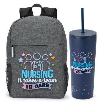 Nursing: It Takes a Team to Care Computer/Laptop Backpack & Dual-Lid Tumbler Gift Set from Positive Promotions
