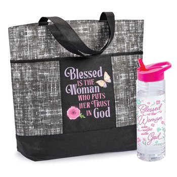 Blessed Is the Woman... Solara Water Bottle & Malibu Non-Woven Zippered Tote Bag Gift Set from Positive Promotions