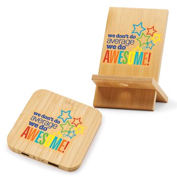 We Don't Do Average; We Do Awesome! Bamboo 10W Wireless Charging Pad With Dual Ports & Phone/Tablet Holder Gift Set from Positive Promotions