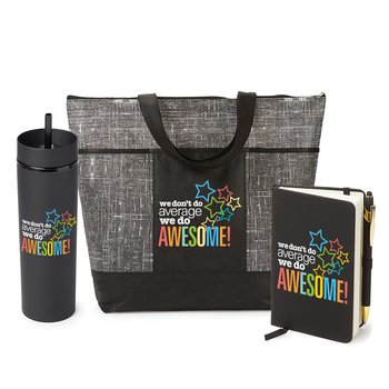 We Don't Do Average; We Do Awesome! Malibu Zipper Tote, Canyon 2-in-1 Tumbler 16 oz., & Stanton Jotter Gift Set from Positive Promotions