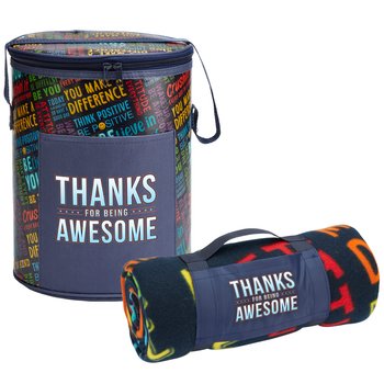 Thanks/Motivational Word Cloud Barrel Cooler Bag & Roll-Up Eco Blanket Gift Set from Positive Promotions