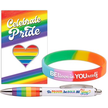 Heart Lapel Pin, Rainbow Silicone Bracelet, & Rainbow Grip Pen 3-Piece Gift Set from Positive Promotions