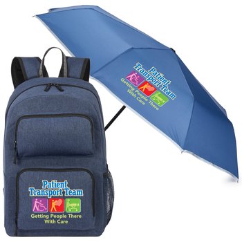 Patient Transport Team: Getting People There With Care Computer/Laptop Backpack & Auto-Open/Auto-Close Compact Umbrella Gift Set from Positive Promotions
