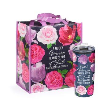 A Godly Woman Plants Seeds of Faith That Bloom for Eternity Teton Tumbler & Laminated Tote Bag Gift Set from Positive Promotions