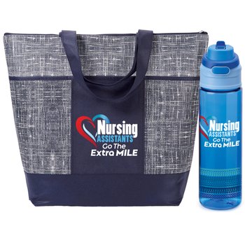 Nursing Assistants Go the Extra Mile Malibu Zippered Tote & Dual-Sip Water Bottle Gift Set from Positive Promotions