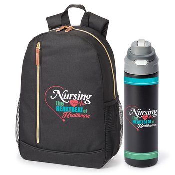 Nursing: The Heartbeat of Healthcare Axel Backpack & Sip+Chug Water Bottle 24 oz. Gift Set from Positive Promotions
