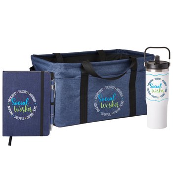Social Worker Words in Circle Heathered Journal, Jumbo Utility Tote, & Coldflow Water Bottle Trio from Positive Promotions