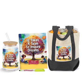 It Takes a Team to Inspire Dreams Glass Tumbler, Desk Planner, Highlighter Stylus Pen, & Cotton Canvas Market Tote Gift Set from Positive Promotions