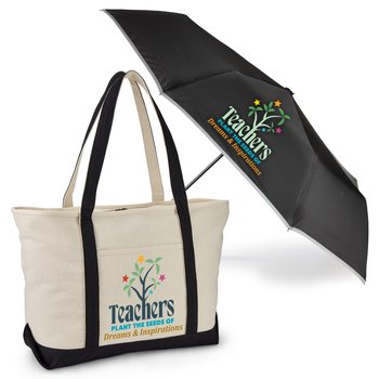 Teachers Plant the Seeds of Dreams & Inspirations Oversized Cotton Tite & rPET/UV Umbrella Gift Set from Positive Promotions