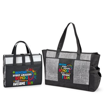 Behind Every Amazing School Is an Awesome Team Malibu Cooler Tote With Pocket & Beach Mat Gift Set from Positive Promotions