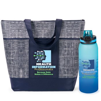 Health Information Professionals: Because Data Makes a Difference Malibu Non-Woven Zippered Tote Bag & Jasper Ombré Tritan Water Bottle 32 oz. Gift Set from Positive Promotions