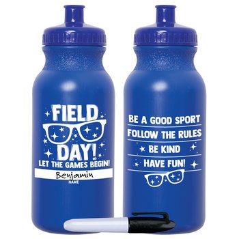 Field Day! Let the Games Begin Royal Blue Water Bottle 20-Oz. With Permanent Marker - Pack of 10 from Positive Promotions