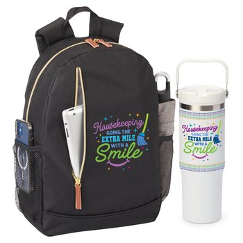 Housekeeping Backpack & Double-Wall Flip Straw Bottle Gift Set from Positive Promotions