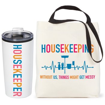Housekeeping: Without Us Things Might Get Messy Venice Tote Bag & Teton Tumbler 20-oz. from Positive Promotions