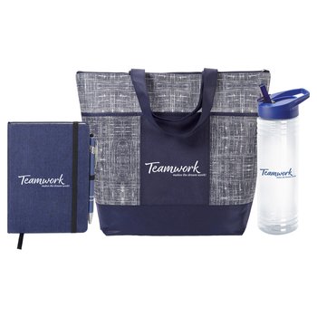 Teamwork Makes The Dream Work Malibu Zippered Tote, Solara Tumbler, And Heathered Journal & Stylus Pen Gift Set from Positive Promotions