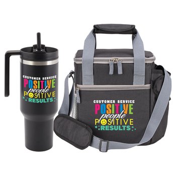 Customer Service: Positive People, Positive Results Riverside Deluxe Cooler With 30-/40-oz. Tumbler Pocket & Quencher Tumbler 40 oz. With Handle Gift Set from Positive Promotions