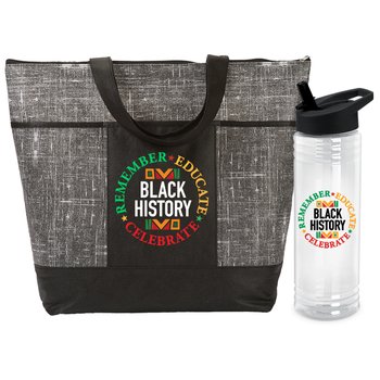 Black History: Remember, Educate, Celebrate Malibu Non-Woven Zippered Tote & Solara Water Bottle Gift Set from Positive Promotions